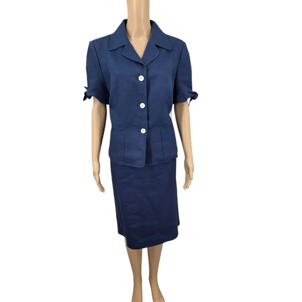 Anne Klein Linen Navy Short Sleeve Blazer Jacket and Pencil Skirt Matching Set